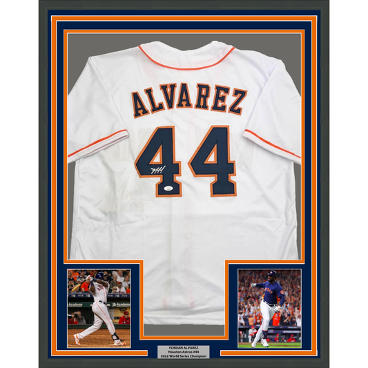 Framed Autographed/Signed Yordan Alvarez 35x39 Houston White Baseball Jersey JSA COA