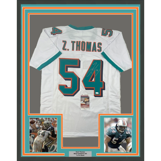 Framed Autographed/Signed Zach Thomas 35x39 Miami White Football Jersey JSA COA