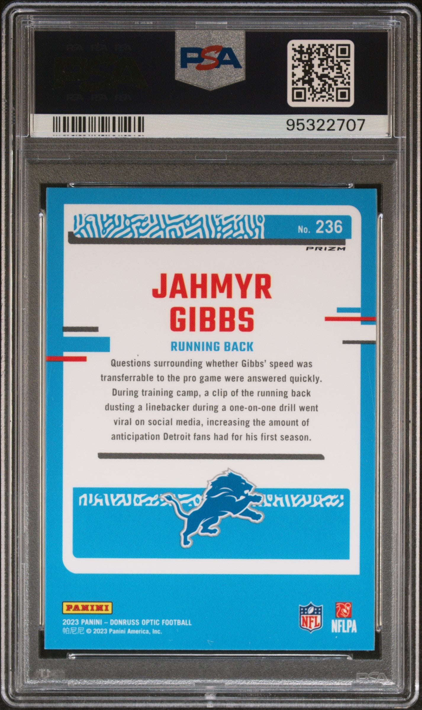 Graded 2023 Panini Donruss Optic Jahmyr Gibbs #236 Holo Rookie RC Football Card PSA 10 Gem Mint
