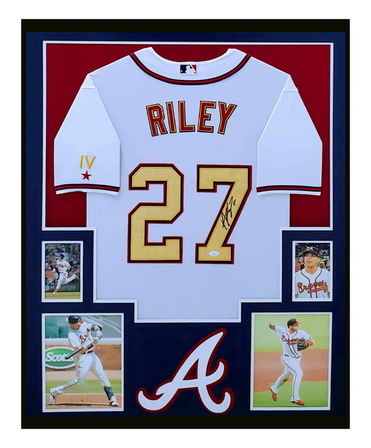 Austin Riley Autographed Framed Atlanta Braves Gold Jersey 35x43 JSA COA