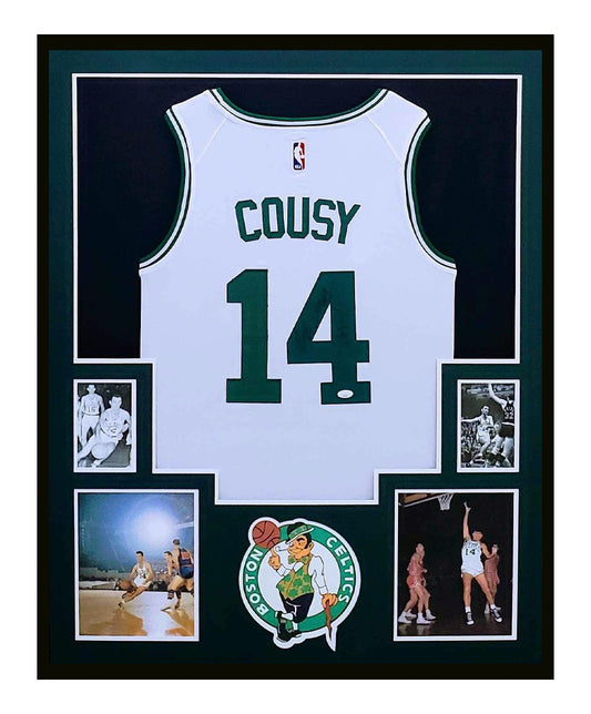 Bob Cousy Autographed Jersey Framed 35x43 Boston Celtics White Jersey JSA COA