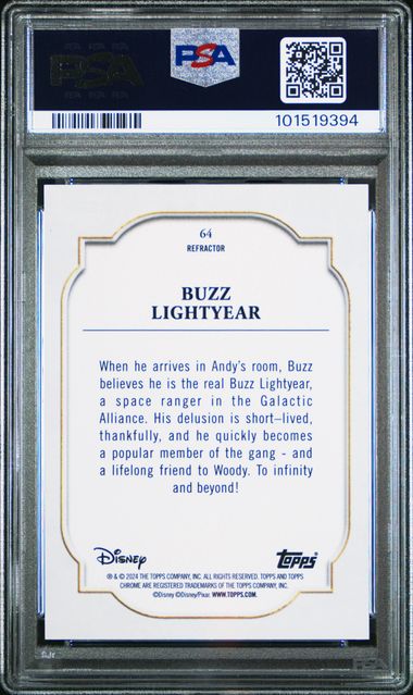 Graded 2024 Topps Chrome Disney Silver Refractor Buzz Lightyear #64 Card PSA 10 Gem Mint