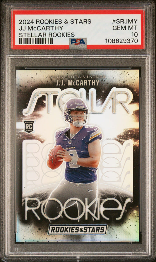 Graded 2024 Panini Rookies & Stars JJ McCarthy #SRJMY Stellar Rookies Rookie RC Football Card PSA 10 Gem Mint