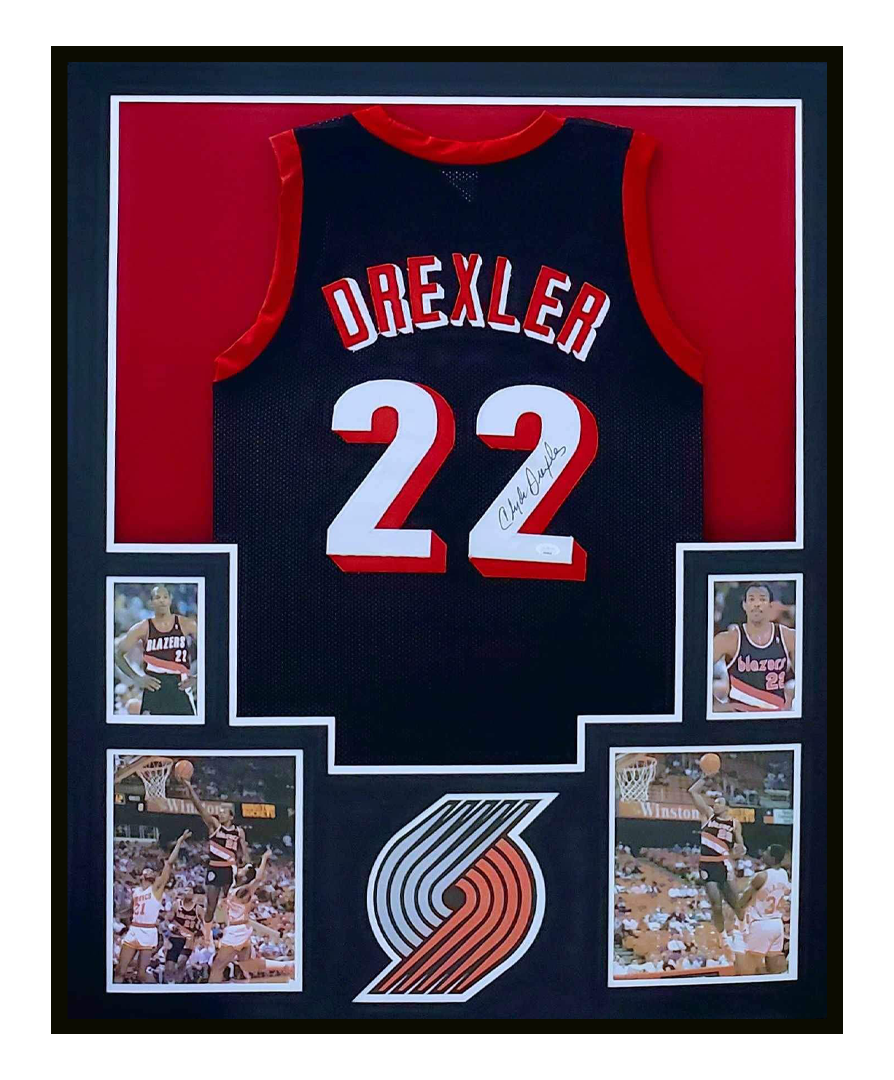 Clyde Drexler Autographed Jersey Framed 35x43 Portland Trail Blazers JSA COA