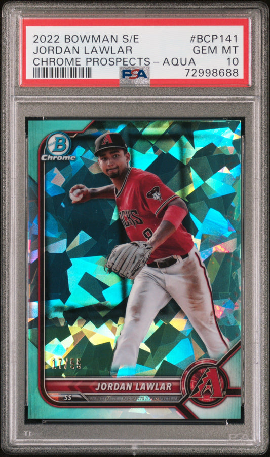 Graded 2022 Topps Bowman Sapphire Edition Jordan Lawler #BCP141 Chrome Prospects Aqua #/55 Rookie RC Baseball Card PSA 10 Gem Mint