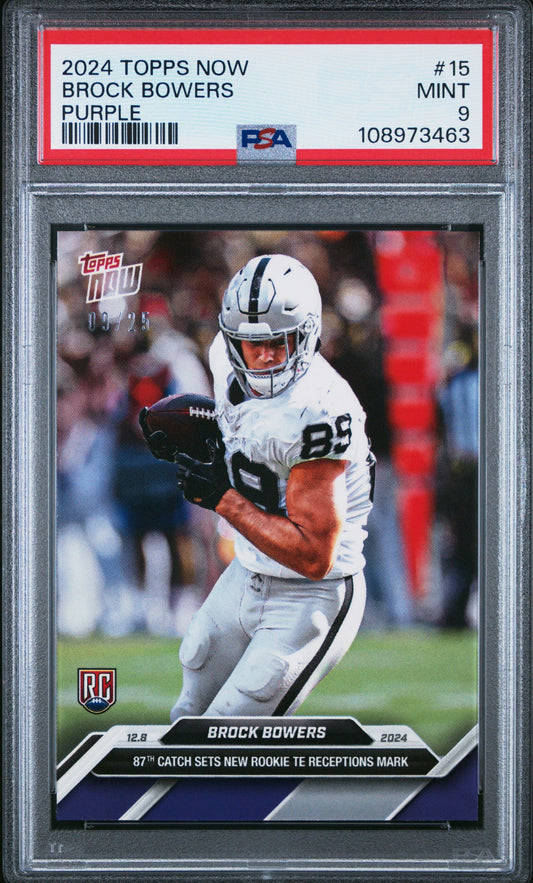 Graded 2024 Topps Now Brock Bowers #15 Purple /25 Rookie RC Football Card PSA 9 Mint