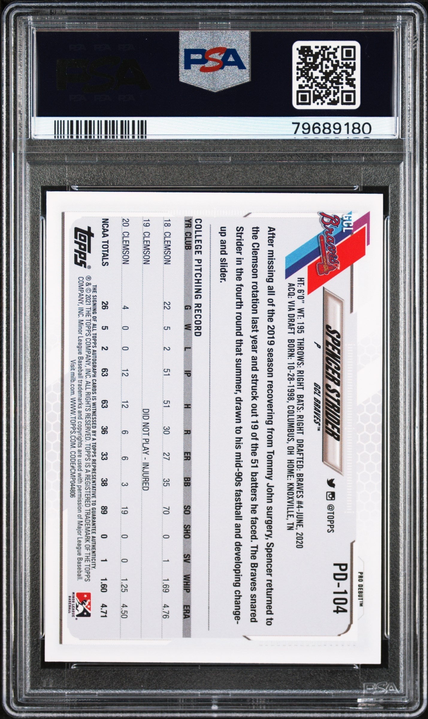 Graded 2021 Topps Pro Debut Spencer Strider #PD104 Autograph Rookie RC Baseball Card PSA 10 Gem Mint