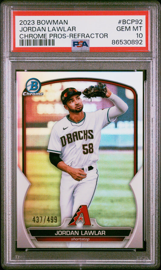Graded 2023 Topps Bowman Jordan Lawler #BCP92 Chrome Prospects Refractor #/499 Rookie RC Baseball Card PSA 10 Gem Mint