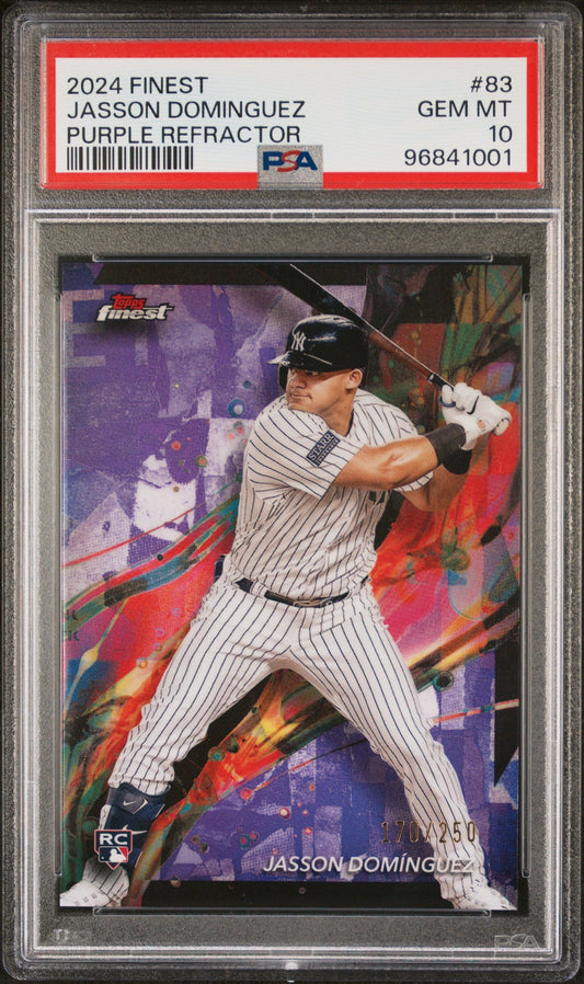 Graded 2024 Topps Finest Jasson Dominguez #83 Purple Refractor #/250 Rookie RC Baseball Card PSA 10 Gem Mint