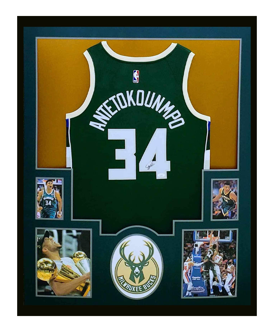 Giannis Antetokounmpo Autographed Jersey Framed 35x43 Milwaukee Bucks Jersey JSA COA