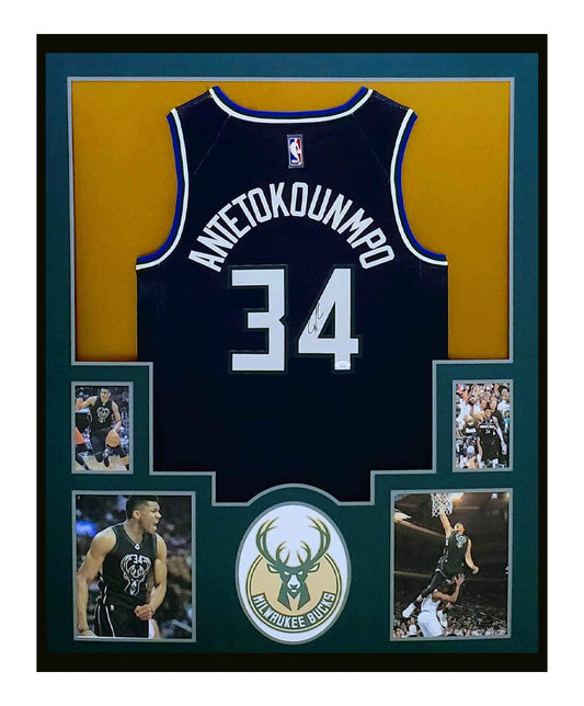 Giannis Antetokounmpo Autographed Jersey Framed 35x43 Milwaukee Bucks Alternate Jersey JSA COA