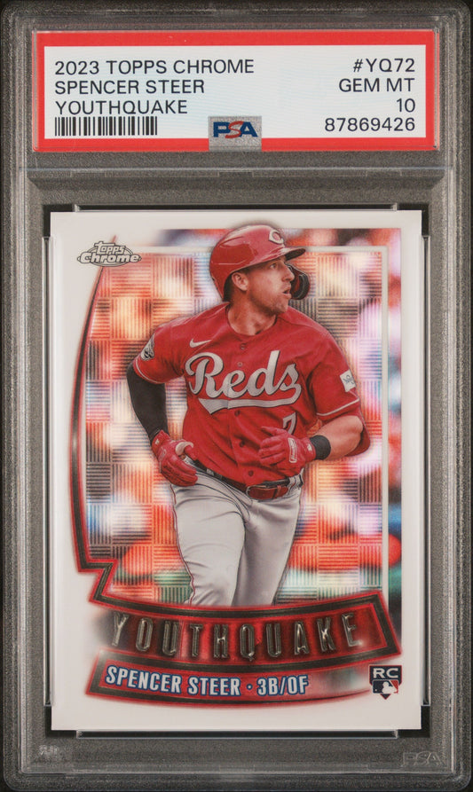 Graded 2023 Topps Chrome Spencer Steer #YQ72 Youthquake Rookie RC Baseball Card PSA 10 Gem Mint