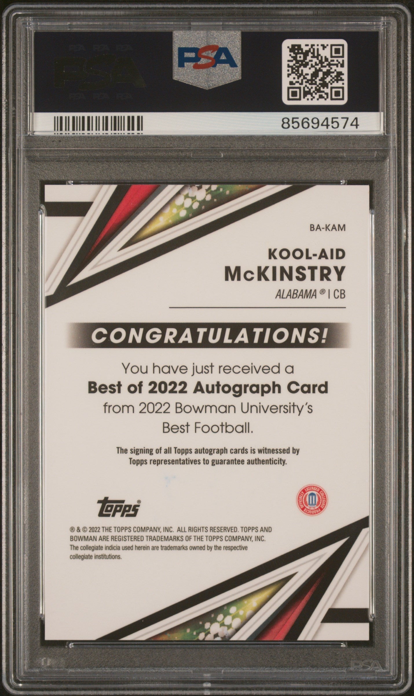 Graded 2022 Topps Bowman Best U Kool Aid McKinstry #BAKAM Best of '22 Autograph Rookie RC Football Card PSA 10 Gem Mint