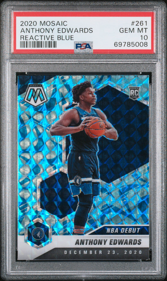 Graded 2020-21 Panini Mosaic Anthony Edwards #261 Reactive Blue Rookie RC Basketball Card PSA 10 Gem Mint