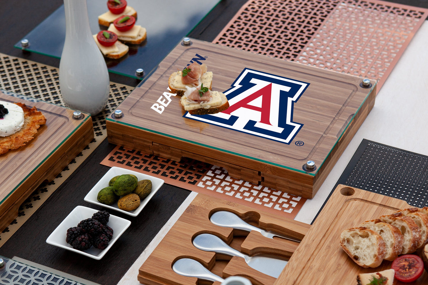 Arizona Wildcats - Concerto Glass Top Cheese Cutting Board & Tools Set