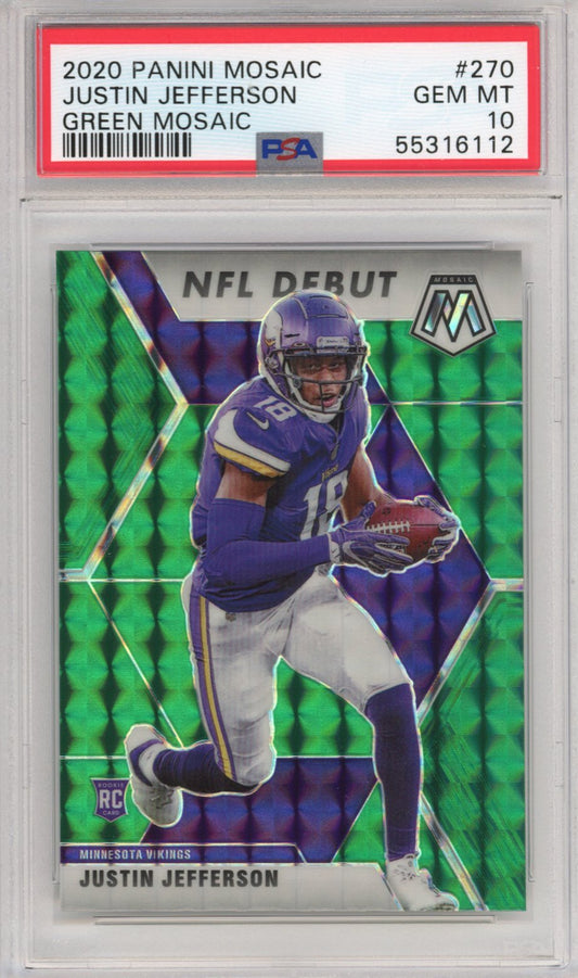 Graded 2020 Panini Mosaic Justin Jefferson #270 Green Mosaic Rookie RC Football Card PSA 10 Gem Mint