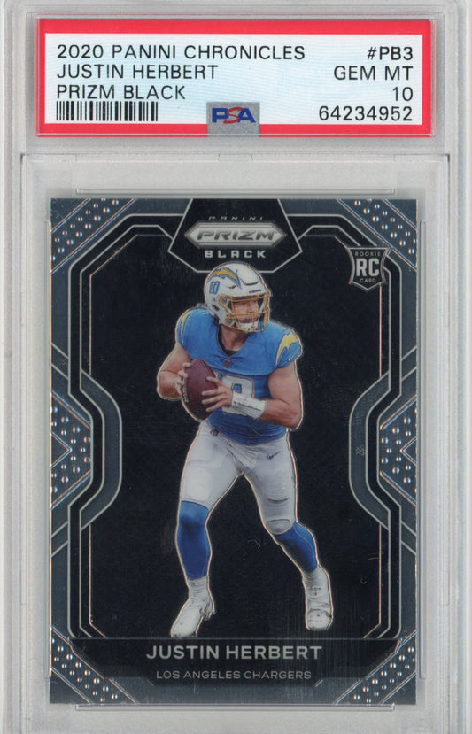 Graded 2020 Panini Chronicles Justin Herbert #PB3 Prizm Black Rookie RC Football Card PSA 10 Gem Mint