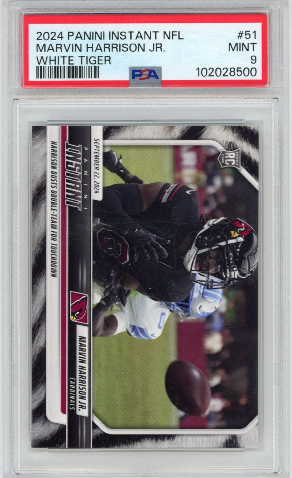 Graded 2024 Panini Instant NFL Marvin Harrison Jr #51 White Tiger #/5 Rookie RC Football Card PSA 9 Mint