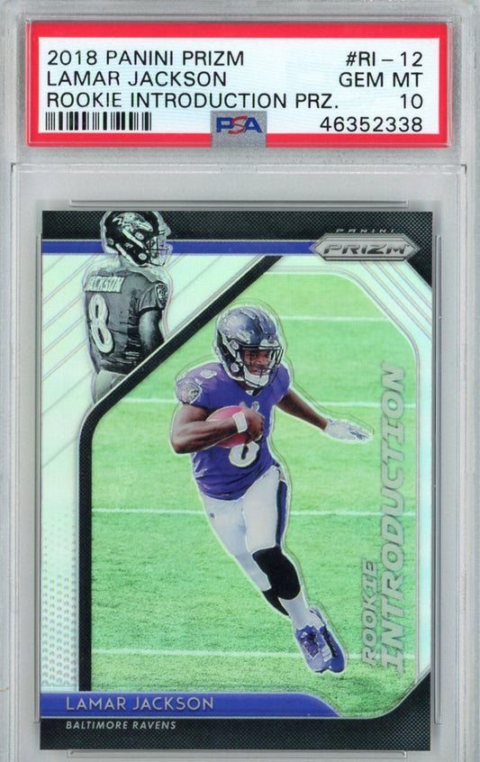 Graded 2018 Panini Prizm Lamar Jackson #RI-12 Rookie Introduction Rookie RC Football Card PSA 10 Gem Mint