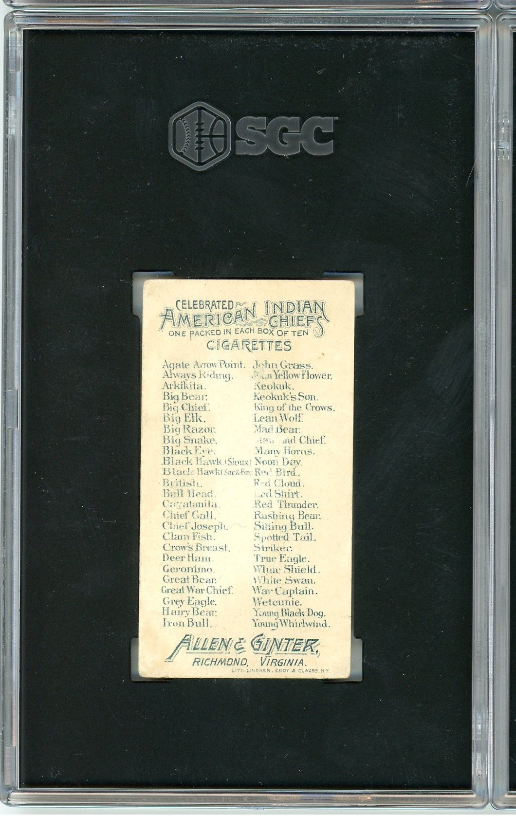 Graded 1888 Allen & Ginter American Indian Chiefs N2 #NNO Wetcunie Baseball Tobacco Card SGC 1.5 Fair