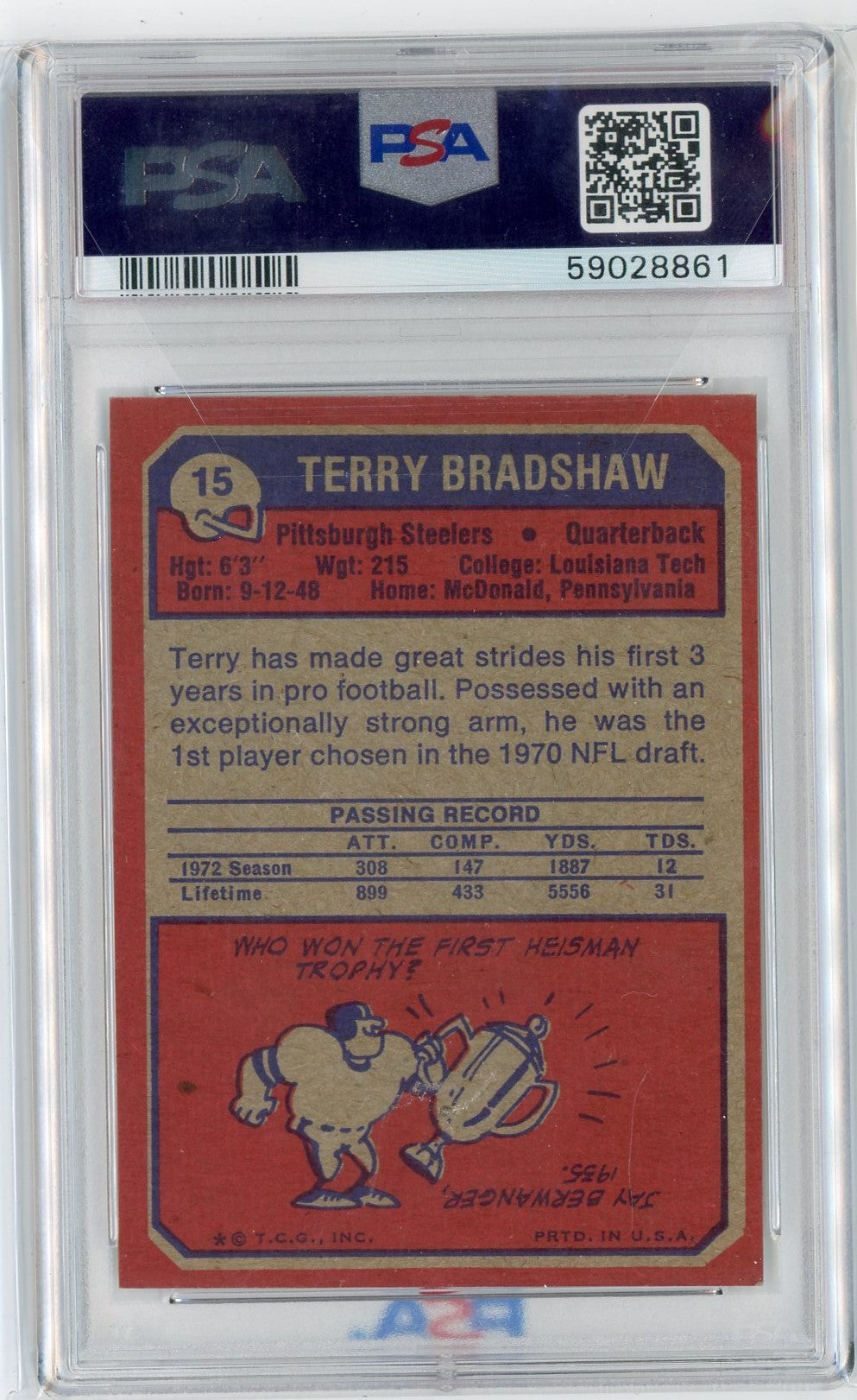 Graded 1973 Topps Terry Bradshaw #STEELERS Football Card PSA 7 Near Mint