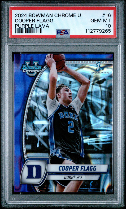 Graded 2024 Topps Bowman Chrome U Cooper Flagg #16 Purple Lava Rookie RC Basketball Card PSA 10 Gem Mint