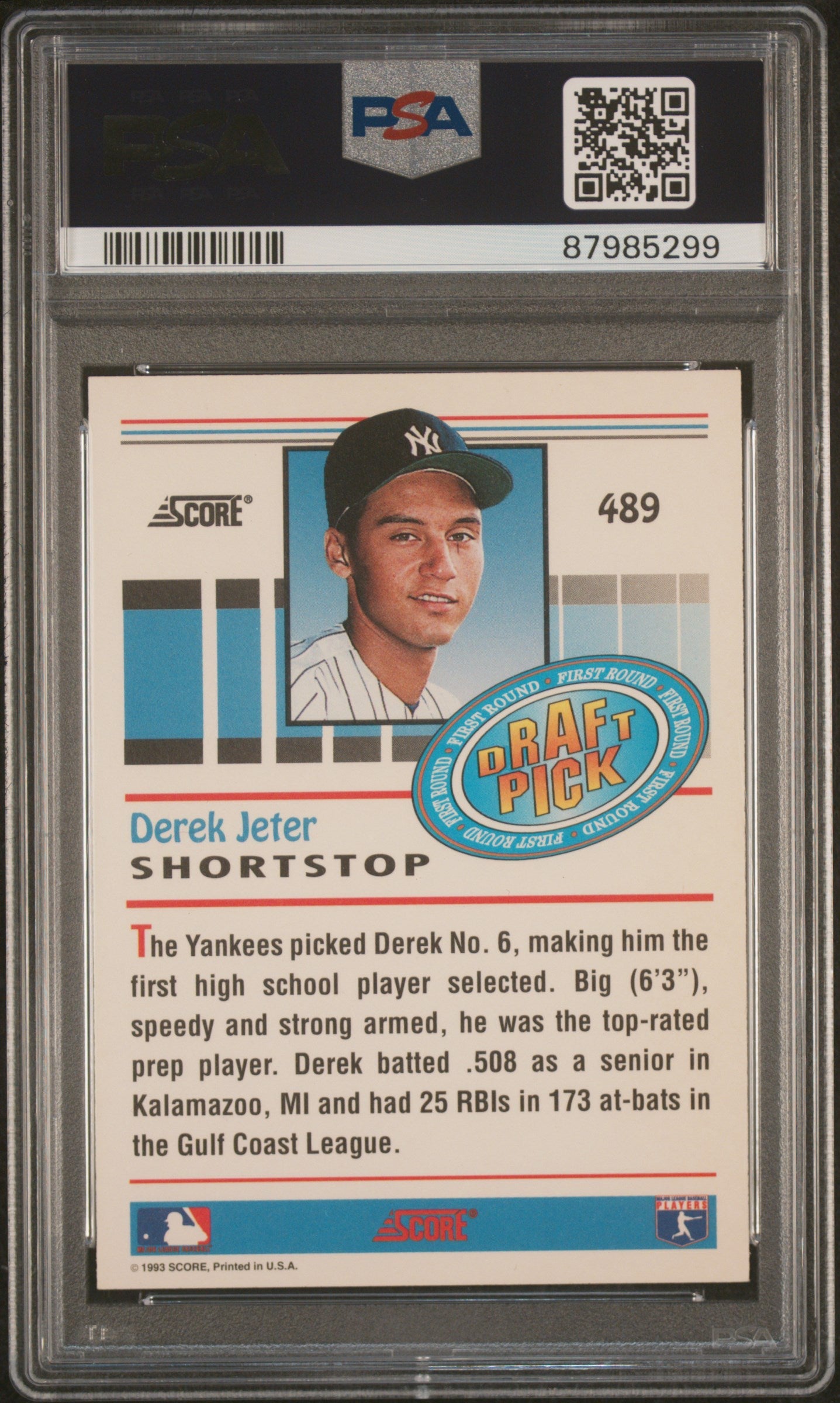 Graded 1993 Score Derek Jeter #489 Rookie RC Baseball Card PSA 10 Gem Mint