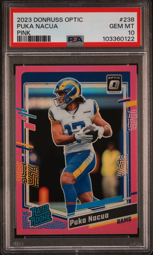 Graded 2023 Panini Donruss Optic Puka Nacua #238 Pink Rookie RC Football Card PSA 10 Gem Mint