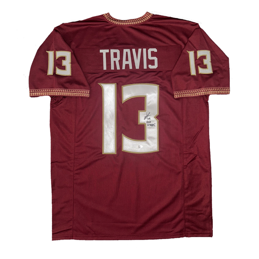 Jordan Travis Autographed "Go Noles" Custom Florida State Seminoles Garnett Jersey JSA COA