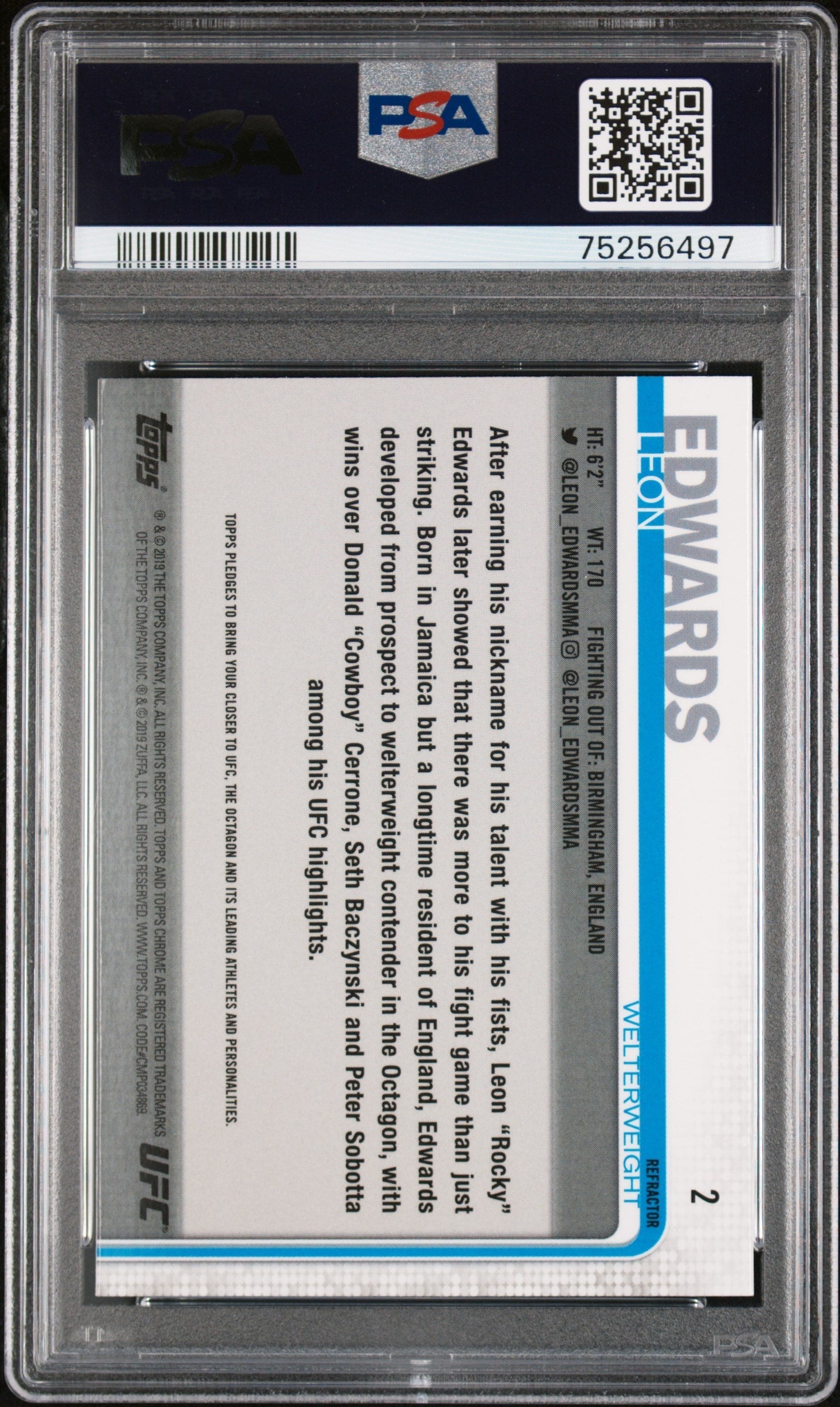 Graded 2019 Topps UFC Chrome Leon Edwards #2 Refractor Rookie RC UFC MMA Card PSA 10 Gem Mint