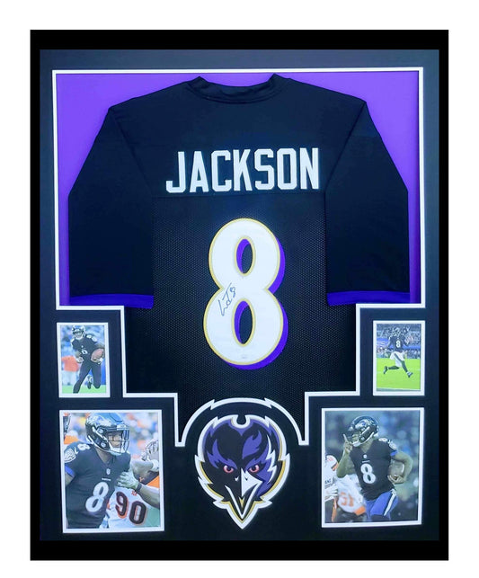 Lamar Jackson Autographed Baltimore Ravens Jersey Framed 35x43 JSA COA