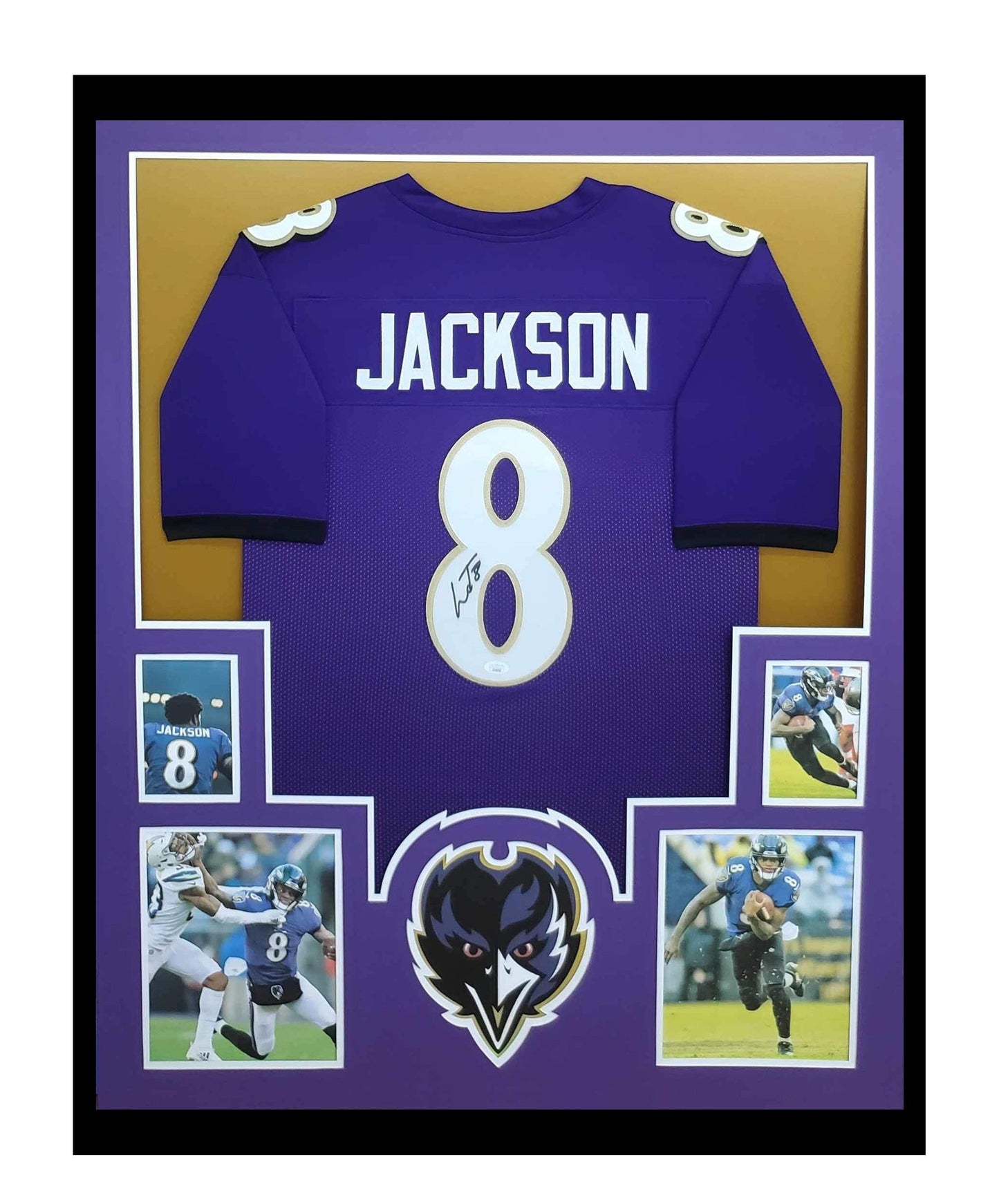 Lamar Jackson Autographed Baltimore Ravens Jersey Framed 35x43 JSA COA