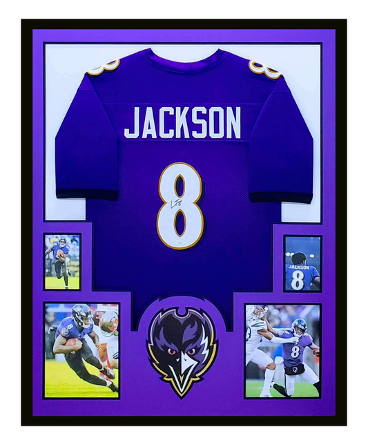 Lamar Jackson Autographed Baltimore Ravens Jersey Framed 35x43 JSA COA