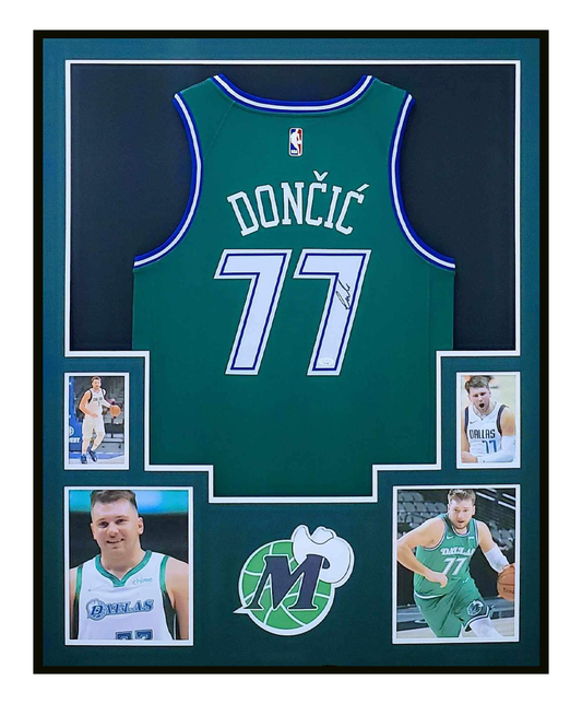 Luka Doncic Autographed Green Jersey Framed 35x43 Dallas Mavericks