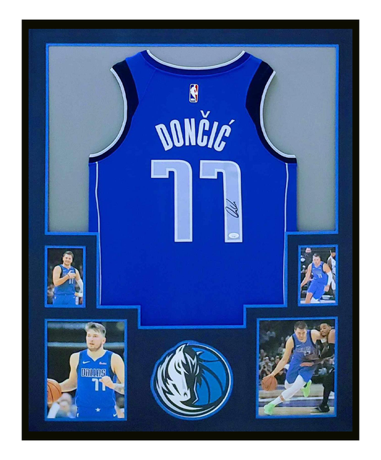 Luka Doncic Autographed Blue Jersey Framed 35x43 Dallas Mavericks