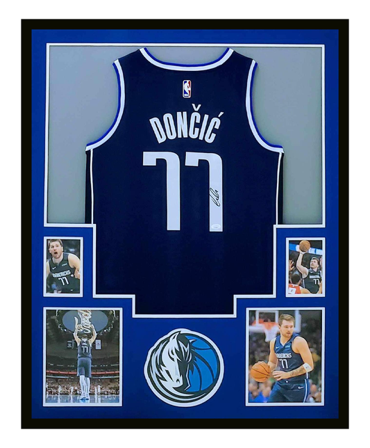 Luka Doncic Autographed Navy Jersey Framed 35x43 Dallas Mavericks