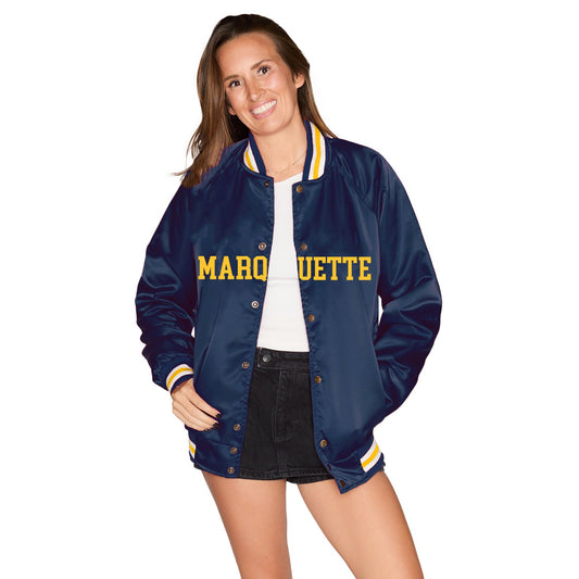 Marquette Satin Letterman Bomber Jacket