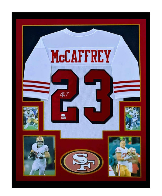 Christian McCaffrey Autographed San Fransisco 49ers Jersey Framed 35x43 JSA COA