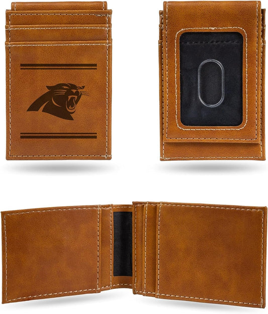 Rico Industries NFL Carolina Panthers Premium Laser Engraved Vegan Brown Leather Front Pocket Wallet - Compact and Slim yet Sturdy Design - Perfect to Show Your Team Pride or Gift