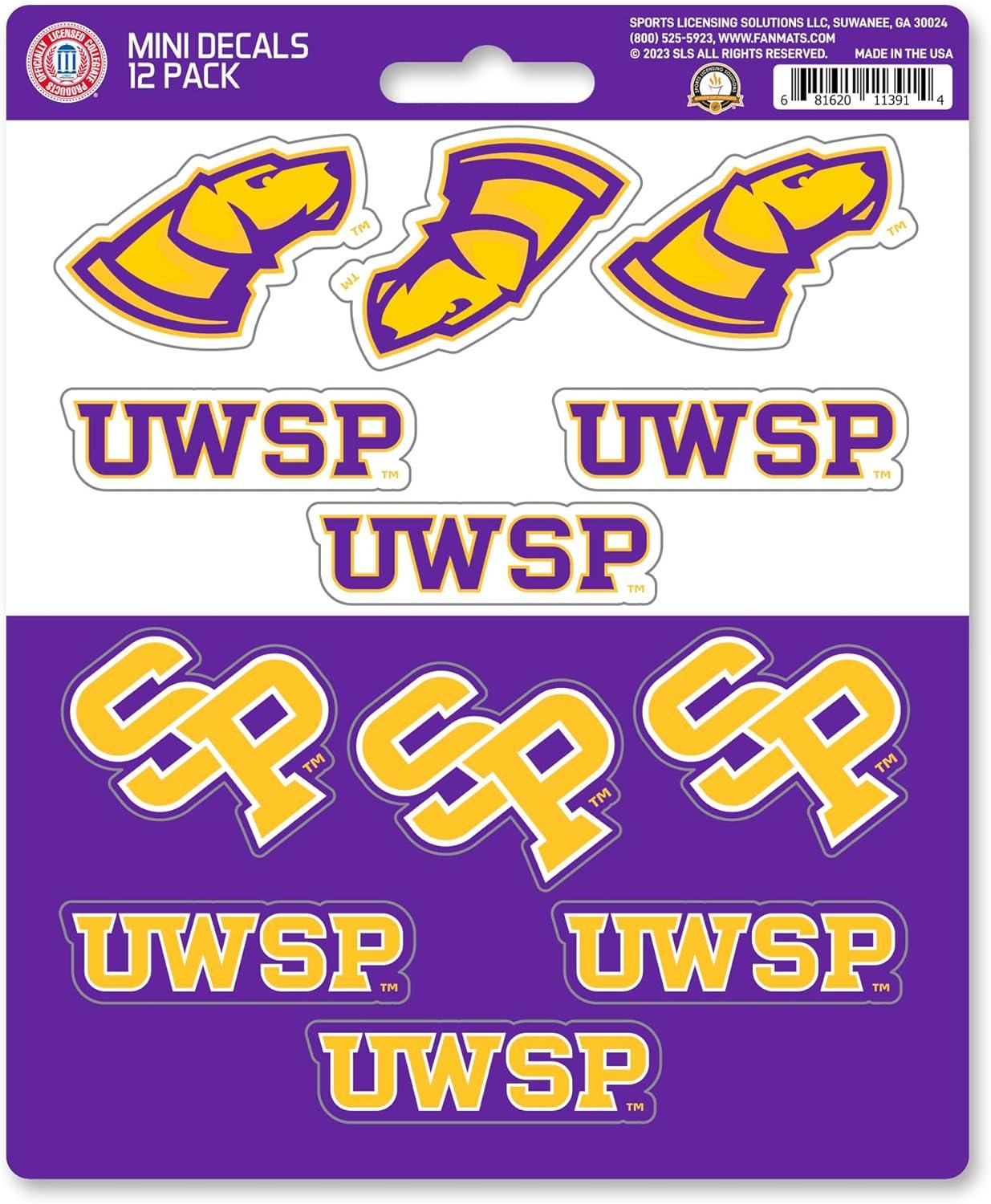 University of Wisconsin Stevens Point Pointers 12-Piece Mini Decal Sticker Set, 5x6 Inch Sheet, Gift for football fans for any hard surfaces around home, automotive, personal items