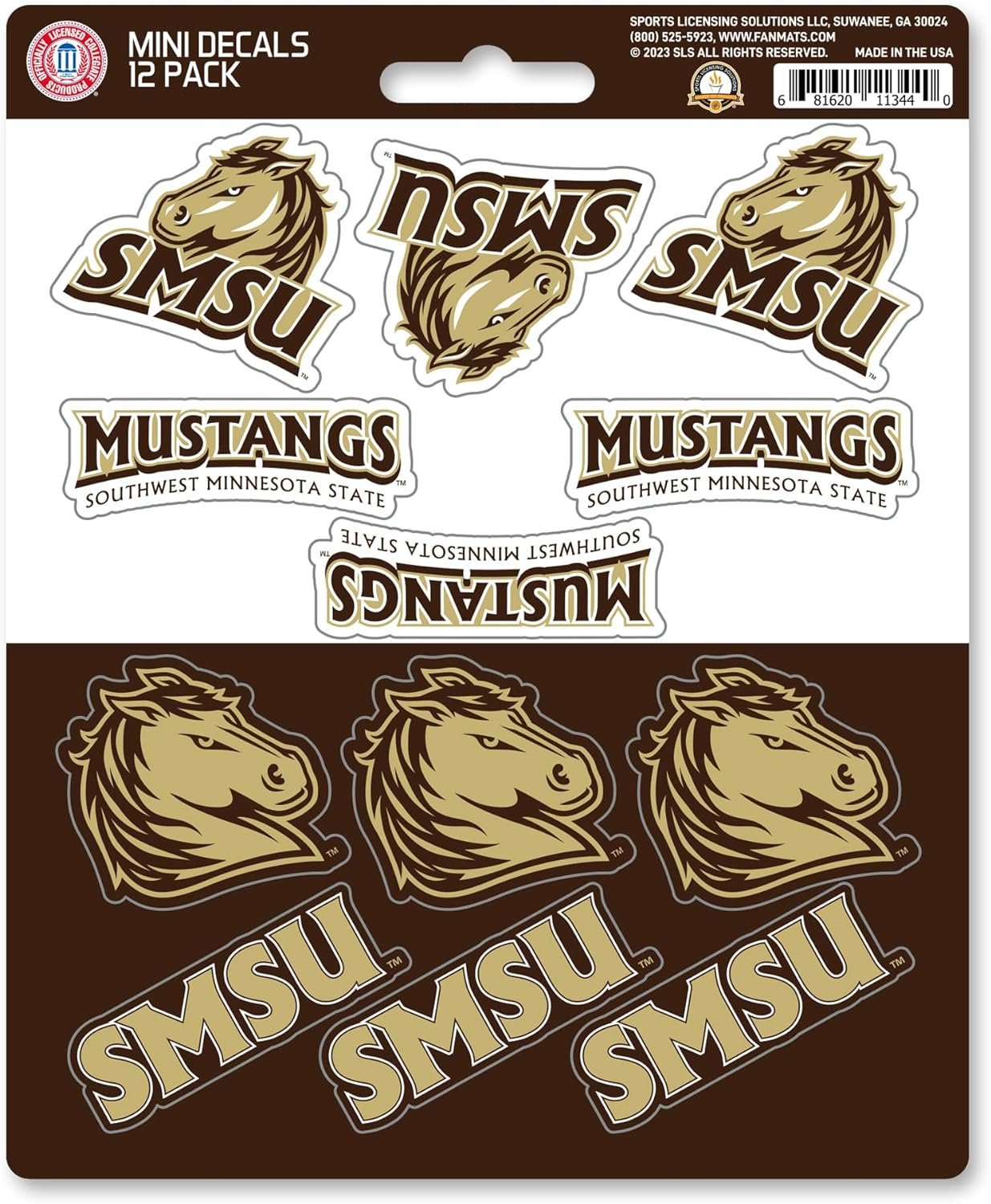 Southwest Minnesota State University Mustangs 12-Piece Mini Decal Sticker Set, 5x6 Inch Sheet, Gift for football fans for any hard surfaces around home, automotive, personal items