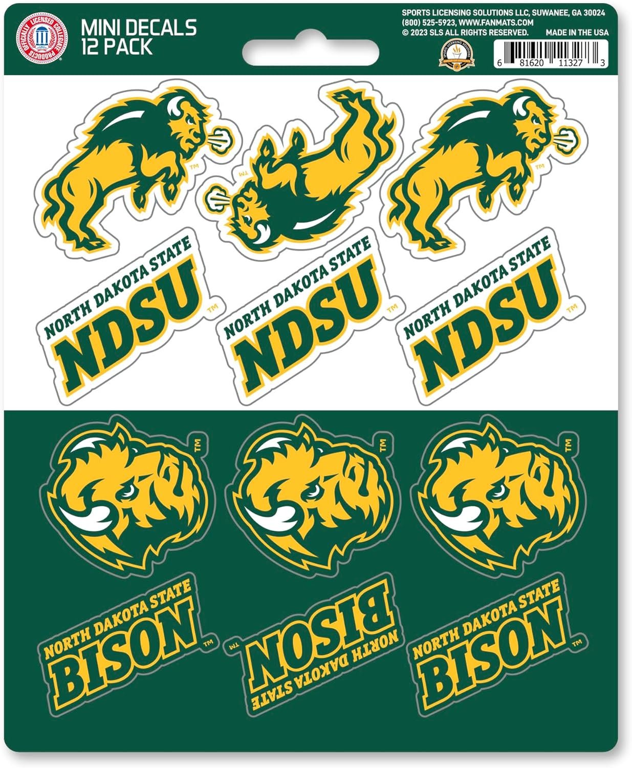 North Dakota State University Bison 12-Piece Mini Decal Sticker Set, 5x6 Inch Sheet, Gift for football fans for any hard surfaces around home, automotive, personal items