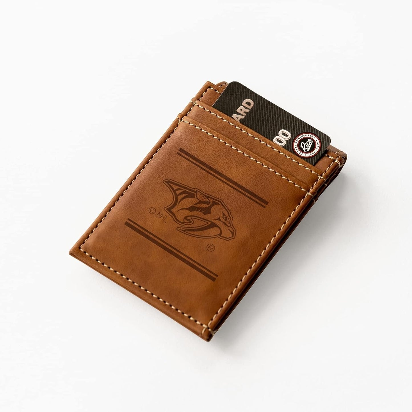 Nashville Predators Premium Brown Leather Wallet, Front Pocket Magnetic Money Clip, Laser Engraved, Vegan