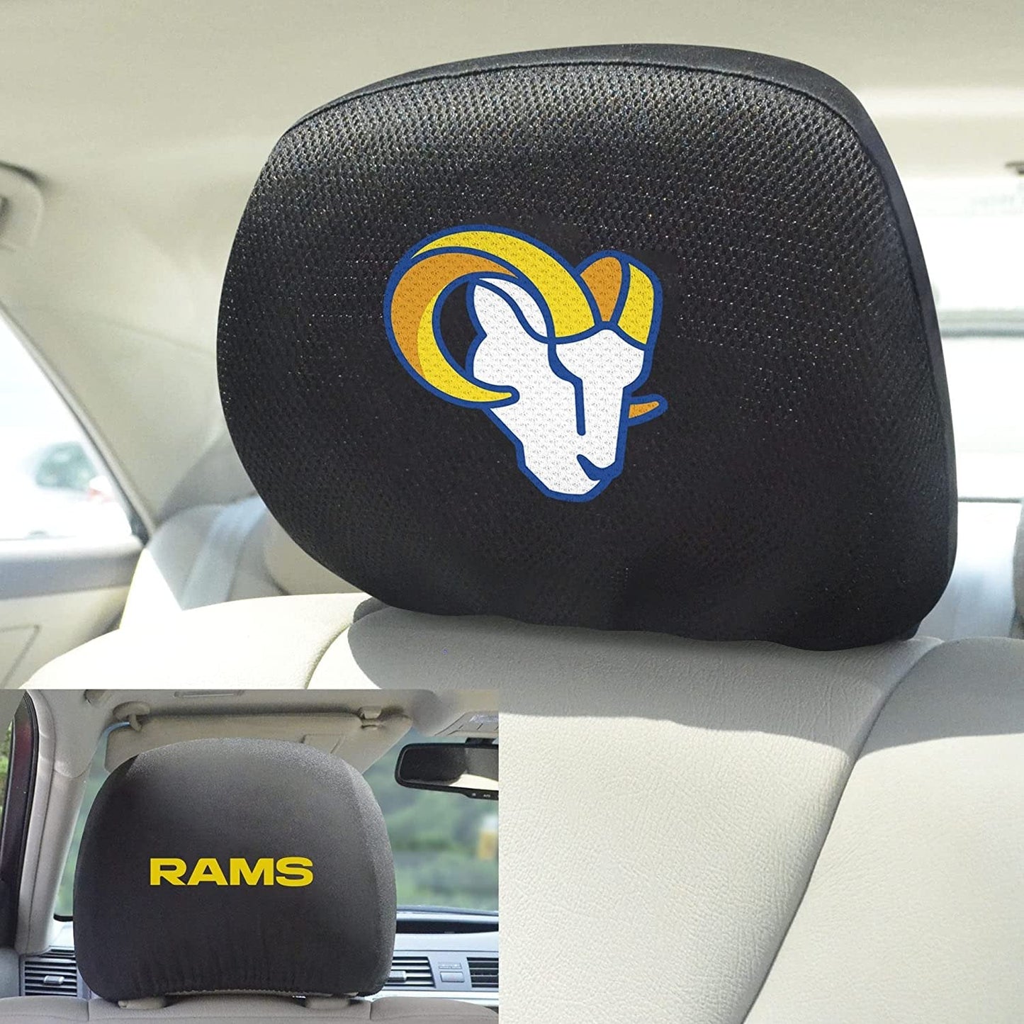Los Angeles Rams Pair of Premium Embroidered Black Auto Headrest Covers 14x10 Inch Size Elastic