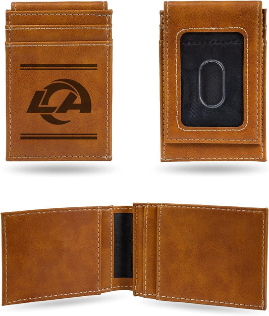 Rico Industries NFL Los Angeles Rams Premium Laser Engraved Vegan Brown Leather Front Pocket Wallet - Compact and Slim yet Sturdy Design - Perfect to Show Your Team Pride or Gift