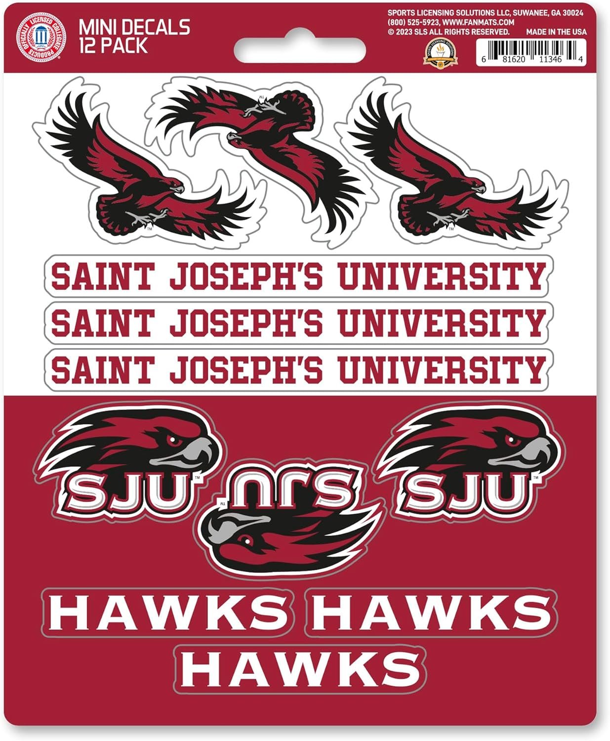 St Joseph University Hawks 12-Piece Mini Decal Sticker Set, 5x6 Inch Sheet, Gift for football fans for any hard surfaces around home, automotive, personal items