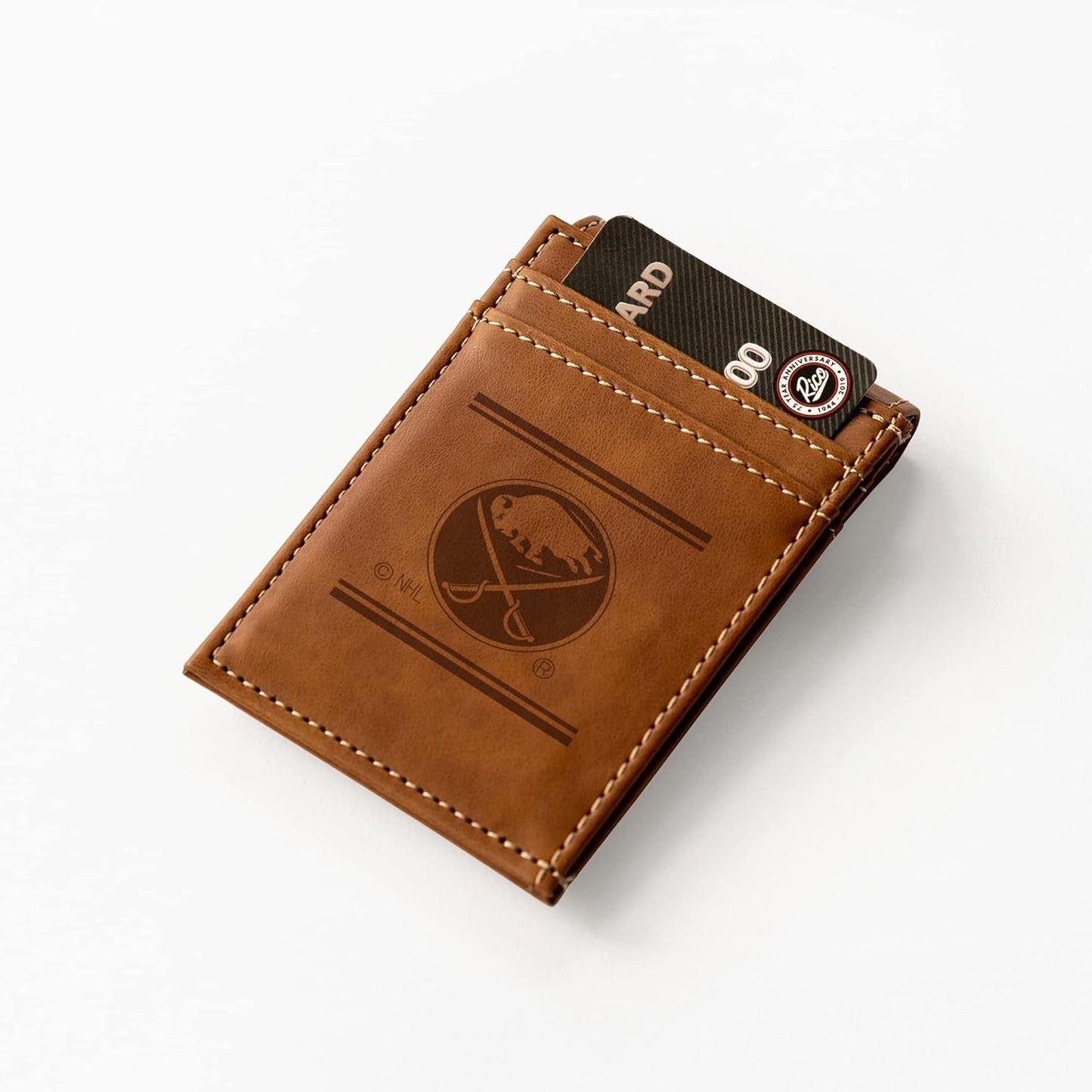 Rico Industries NHL Buffalo Sabres Premium Laser Engraved Vegan Brown Leather Front Pocket Wallet - Compact and Slim yet Sturdy Design - Perfect to Show Your Team Pride or Gift