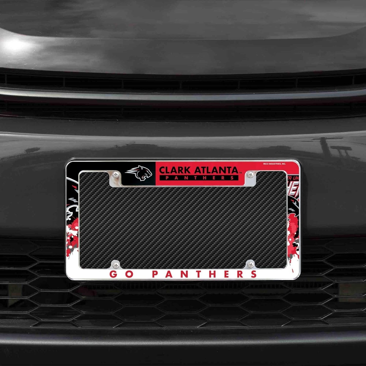 Clark Atlanta University Panthers Metal License Plate Frame Tag Cover, All Over Design, EZ View, Heavy Duty, 12x6 Inch