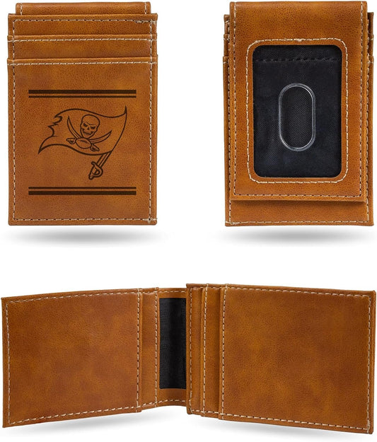 Rico Industries NFL Tampa Bay Buccaneers Premium Laser Engraved Vegan Brown Leather Front Pocket Wallet - Compact and Slim yet Sturdy Design - Perfect to Show Your Team Pride or Gift