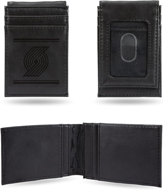 Portland Trail Blazers Premium Black Leather Wallet, Front Pocket Magnetic Money Clip, Laser Engraved, Vegan